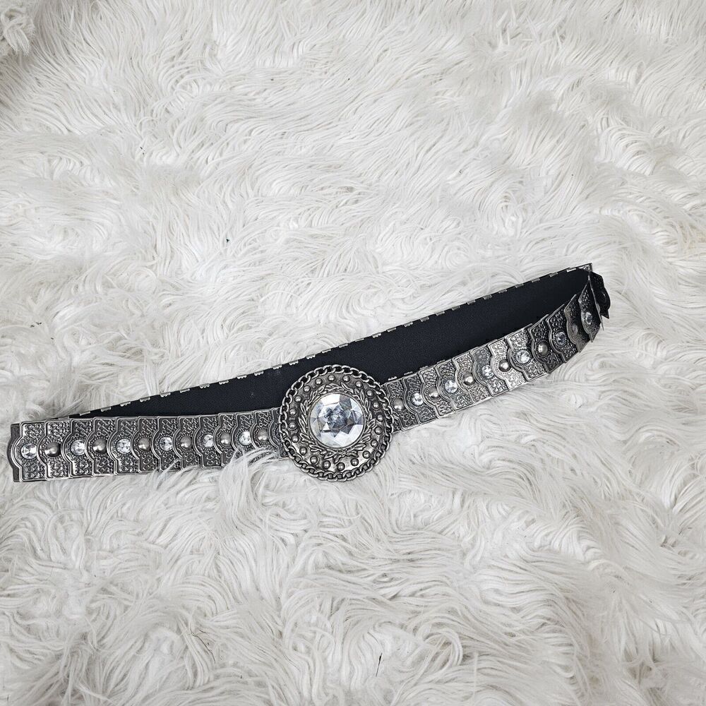 Metal Scale Layered Belt With Sparkle Gem In Center Stretch Vintage Dragon